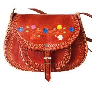 Vintage Handcrafted Mexican Leather Crossbody Bag With Floral & Aztec